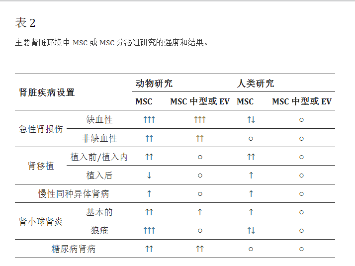 主要腎臟環(huán)境中MSC或MSC分泌組研究的強度和結果