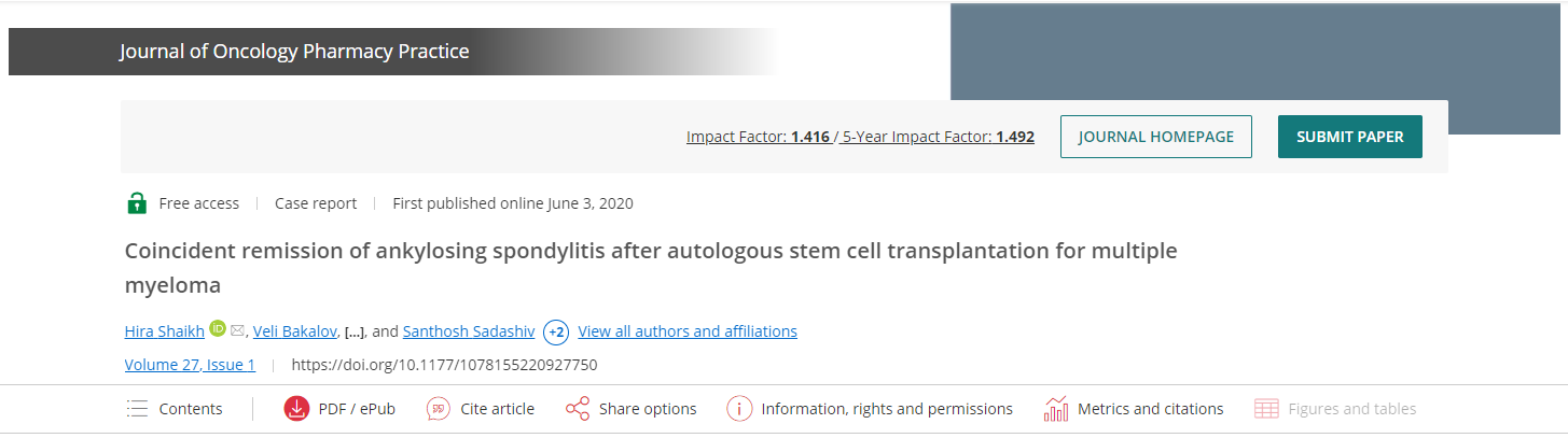 自體干細胞移植治療多發(fā)性骨髓瘤后強直性脊柱炎同時(shí)緩解