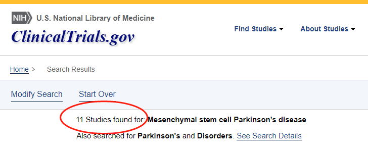 clinicaltrials.gov網(wǎng)站上注冊的有關(guān)間充質(zhì)干細胞治療帕金森病的臨床研究項目有11項。