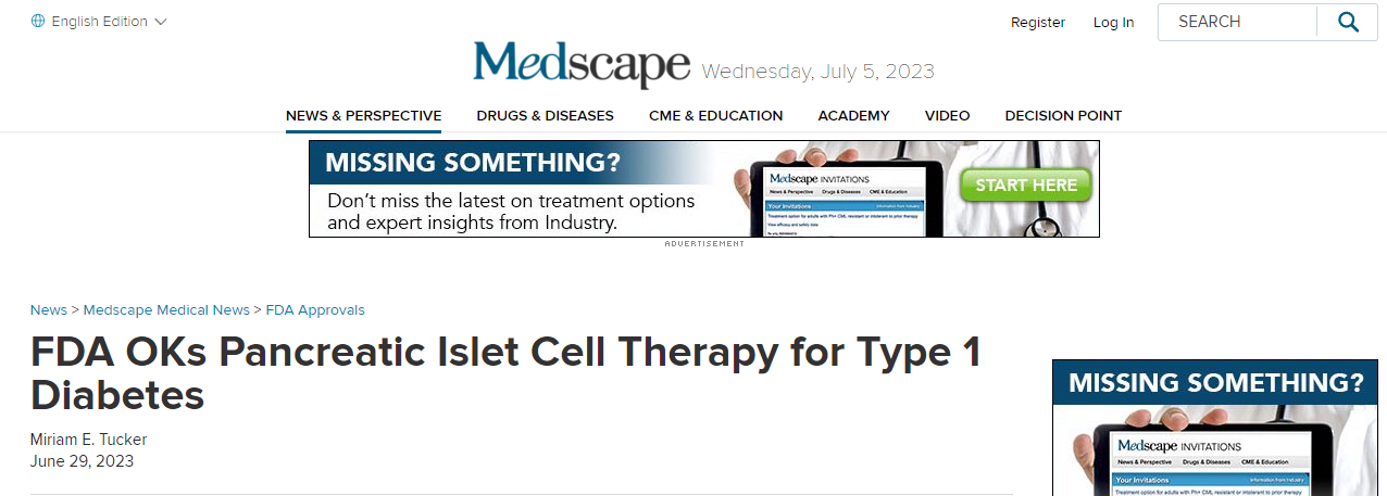 FDA批準Lantidra，首個(gè)治療1型糖尿病的細胞療法