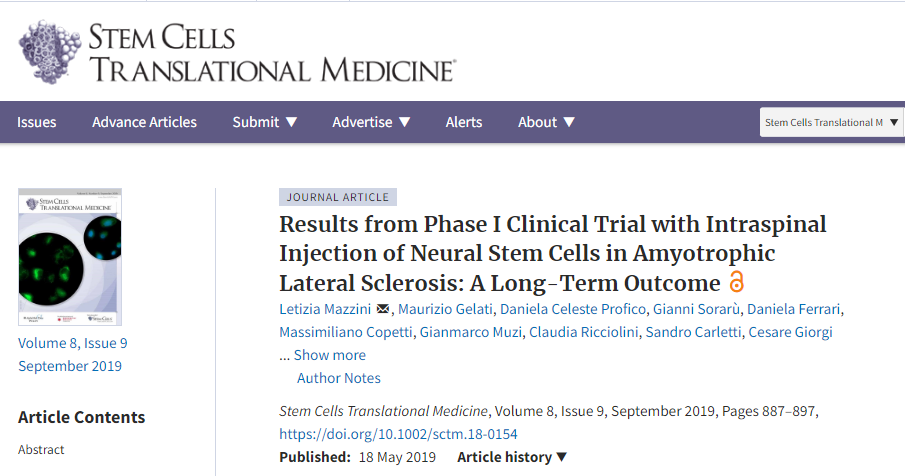 脊髓內注射神經(jīng)干細胞治療肌萎縮性側索硬化癥的I期臨床試驗結果：一個(gè)長(cháng)期結果