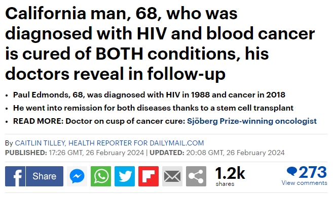 加州男子在干細胞移植后“治愈”了癌癥和艾滋病毒，康復情況令人驚嘆