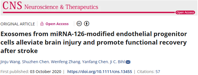 miRNA-126修飾內皮祖細胞的外泌體可減輕腦損傷并促進(jìn)中風(fēng)后功能恢復