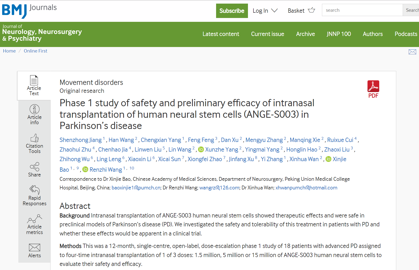 人類(lèi)神經(jīng)干細胞鼻腔內移植（ANGE-S003）治療帕金森病的安全性和初步療效的1期研究