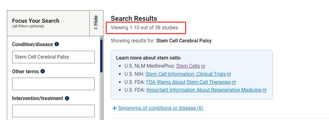 clinicaltrials.gov網(wǎng)站上注冊的有關(guān)干細胞治療腦癱的臨床研究項目有38項。其中已完成的有12項。