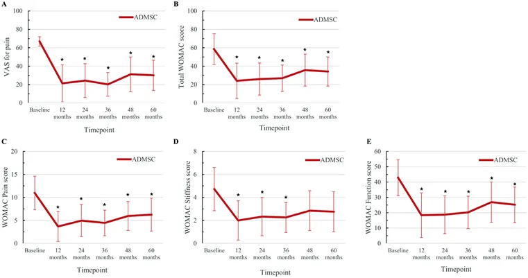 與對照組患者相比，在注射后6個(gè)月直至隨訪(fǎng)結束時(shí)，經(jīng)過(guò)間充質(zhì)干細胞臨床治療的膝骨關(guān)節炎患者膝骨關(guān)節疼痛程度更輕且膝骨關(guān)節功能狀態(tài)更好。