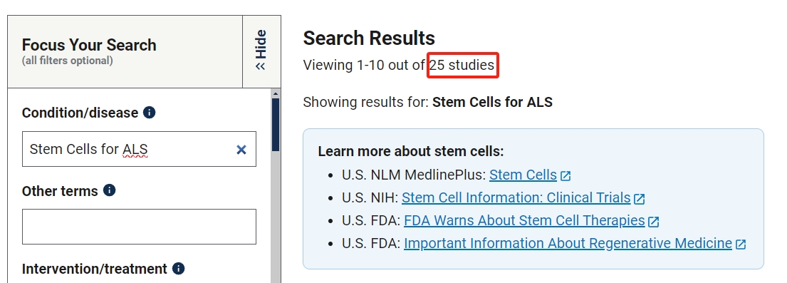 干細胞治療肌萎縮側索硬化癥的臨床研究項目有25項。其中已完成的有8項。