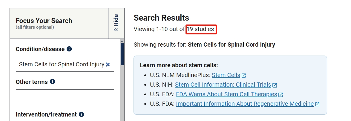 干細胞治療脊髓損傷的臨床研究項目有19項。其中已完成的有4項。