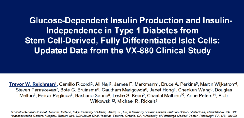 1 型糖尿病患者中來(lái)自干細胞衍生的完全分化胰島細胞的葡萄糖依賴(lài)性胰島素生成和胰島素非依賴(lài)性：VX-880 臨床研究的最新數據