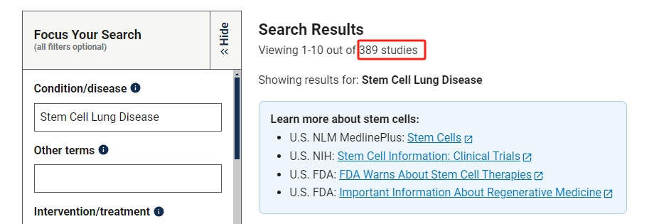 干細胞治療肺部疾病的臨床研究項目有389項。其中已完成的有138項。