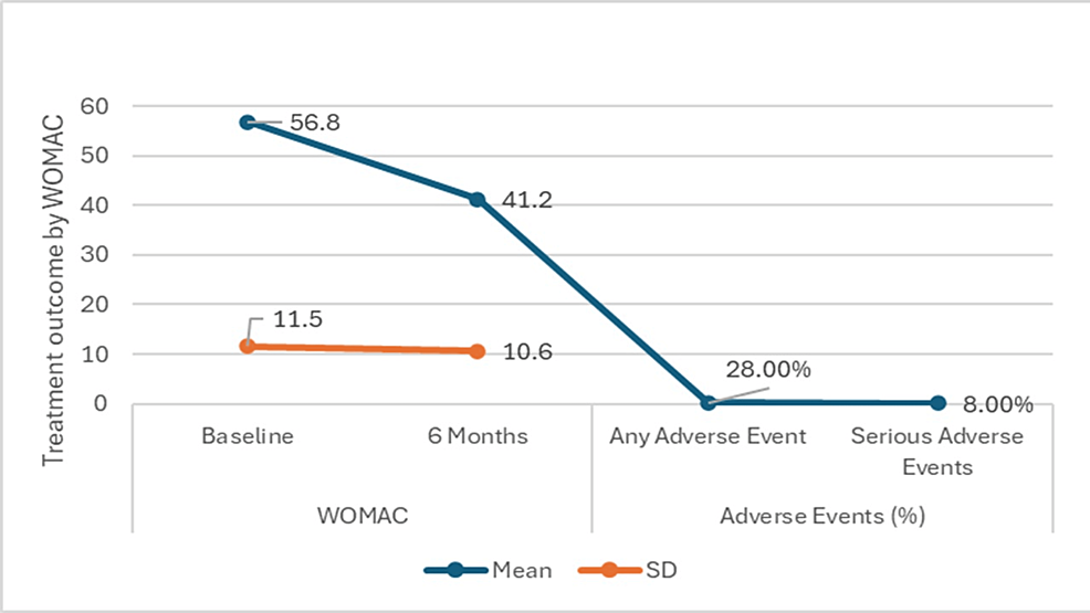 圖4：西安大略大學(xué)和麥克馬斯特大學(xué)關(guān)節炎指數 (WOMAC) 六個(gè)月隨訪(fǎng)的治療結果