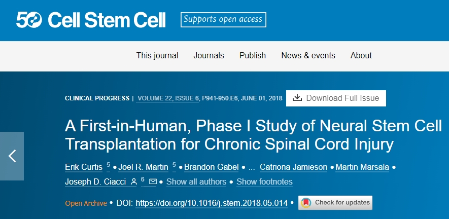 首次在人體中進(jìn)行的I期神經(jīng)干細胞移植治療慢性脊髓損傷的研究。