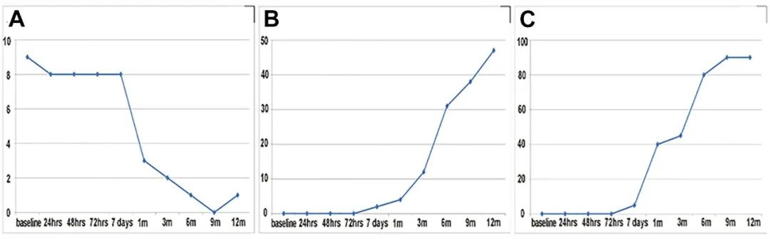 1、3、6 和12個(gè)月隨訪(fǎng)以評估NIHSS評分、神經(jīng)功能和MRI結果。?