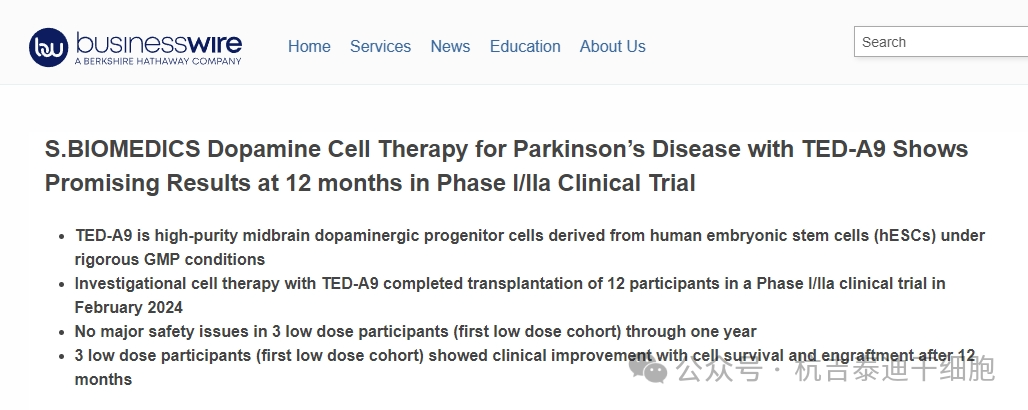 S.BlOMEDICS多巴胺細胞治療帕金森病與泰德- a9在12個(gè)月的i / la期臨床試驗顯示有希望的結果