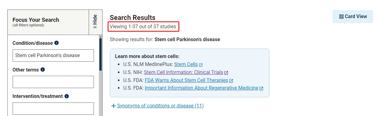 干細胞治療帕金森病的臨床研究項目有37項。