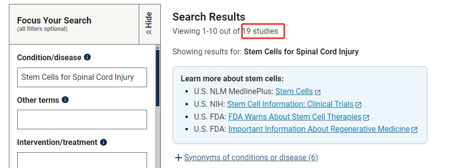 干細胞治療脊髓損傷臨床研究項目有19項。其中國內發(fā)布的占據2項。