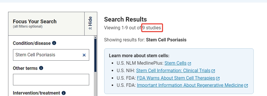 干細胞治療銀屑病臨床研究項目有9項。其中國內發(fā)布的占據7項。