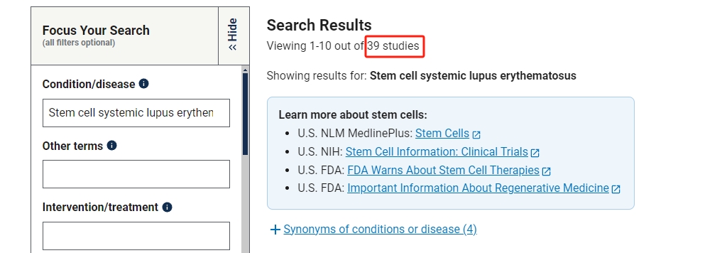 干細胞治療系統性紅斑狼瘡臨床研究項目有39項。其中國內發(fā)布的占據8項。