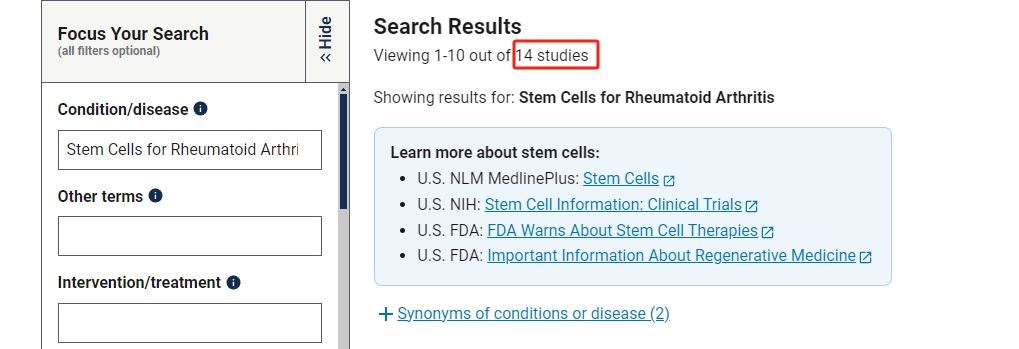 干細胞治療類(lèi)風(fēng)濕關(guān)節炎臨床研究項目有14項。其中國內發(fā)布的占據4項。