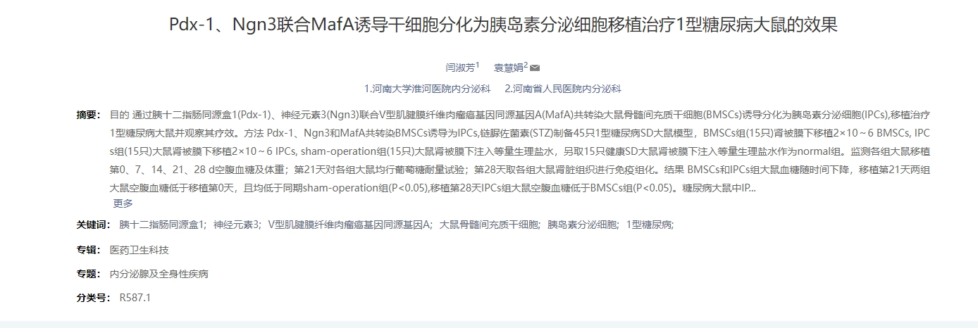 dx-1、Ngn3聯(lián)合MafA誘導干細胞分化為胰島素分泌細胞移植治療1型糖尿病大鼠的效果