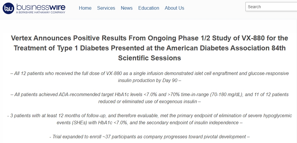 Vertex 宣布正在進(jìn)行的 VX-880 治療 1 型糖尿病的 1/2 期研究取得了積極成果，并在美國糖尿病協(xié)會(huì )第 84 屆科學(xué)會(huì )議上公布