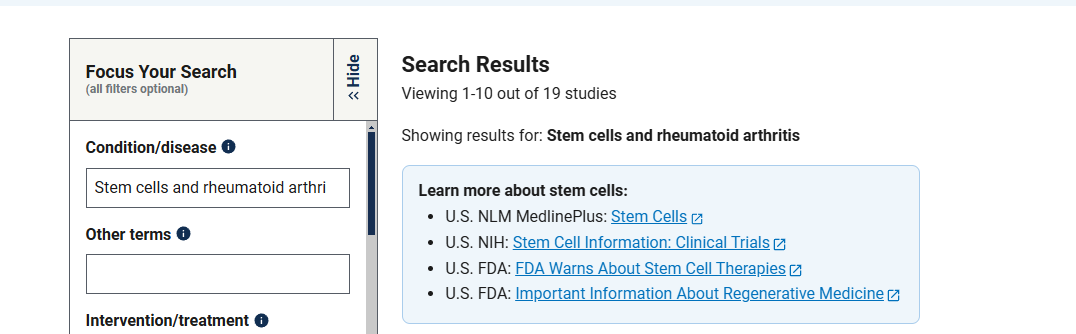 clinicaltrials.gov網(wǎng)站上注冊的有關(guān)干細胞治療類(lèi)風(fēng)濕關(guān)節炎臨床研究項目有19項