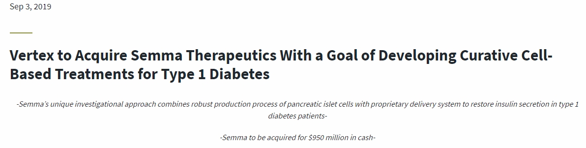 Vertex 收購 semma Therapeutics，旨在開(kāi)發(fā) 1 型糖尿病的細胞療法