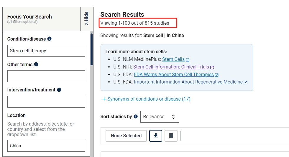 在中國進(jìn)行的干細胞臨床研究的項目有815項