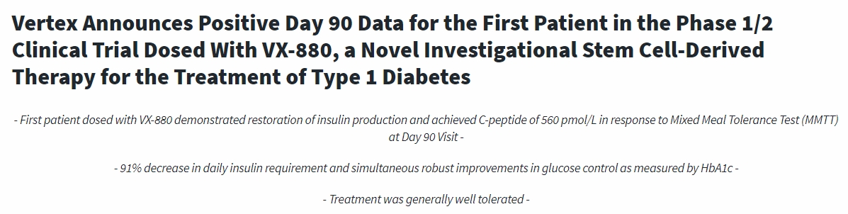 Vertex宣布1/2期臨床試驗中首位接受VX-880治療的患者第90天的陽(yáng)性數據