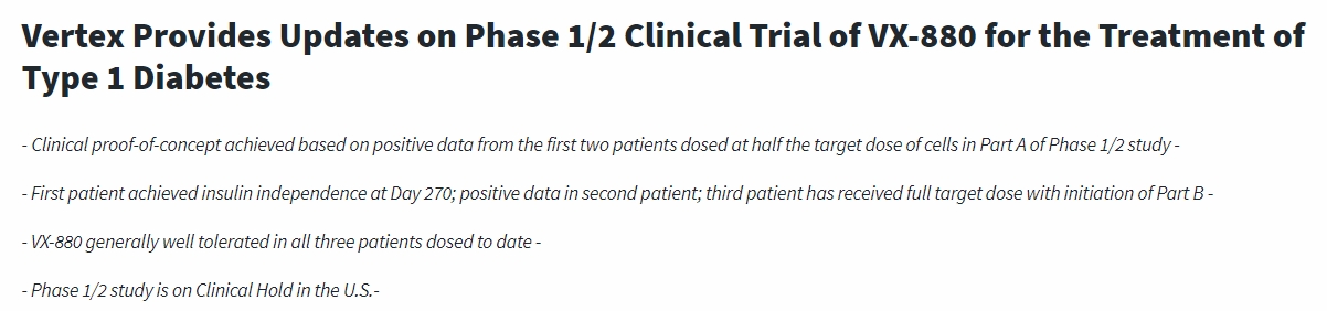 Vertex公布VX-880治療1型糖尿病的1/2期臨床試驗最新進(jìn)展