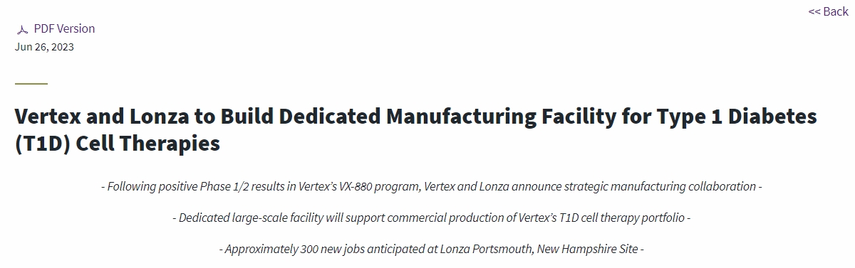 Vertex和Lonza將建立專(zhuān)門(mén)生產(chǎn)1型糖尿病 (T1D) 細胞療法的工廠(chǎng)