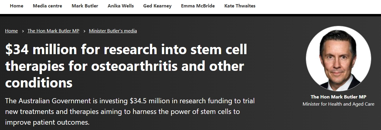 澳大利亞政府:投資3400萬(wàn)美元用于骨關(guān)節炎和其他疾病的干細胞療法研究