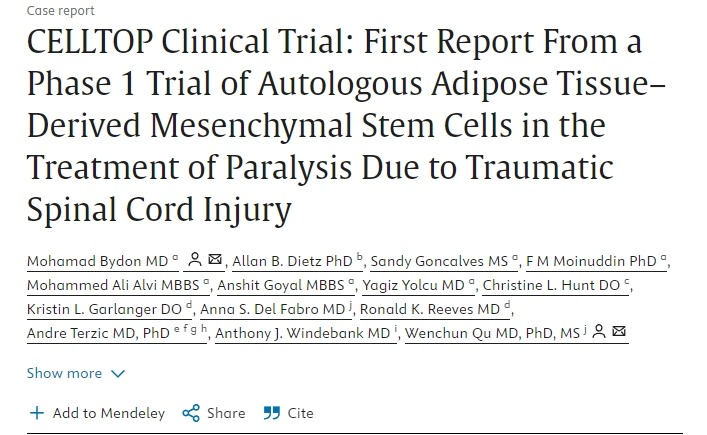 CELLTOP 臨床試驗：自體脂肪組織來(lái)源的間充質(zhì)干細胞治療創(chuàng  )傷性脊髓損傷所致癱瘓的 1 期臨床試驗首份報告