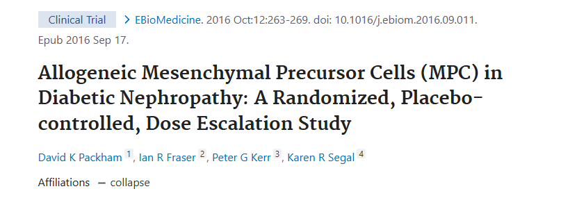 2016年9月17日，墨爾本腎臟研究小組在國際期刊《EBio Medicine》上發(fā)布了一篇《同種異體間充質(zhì)前體細胞 (MPC) 在糖尿病腎病中的作用：一項隨機、安慰劑對照、劑量遞增研究》的研究結果。