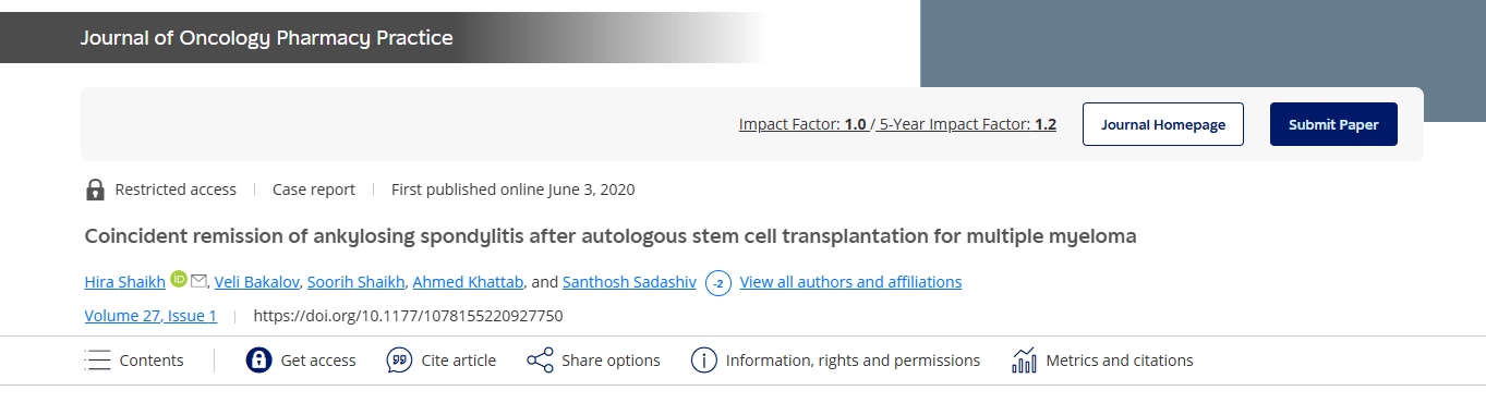 《自體干細胞移植治療多發(fā)性骨髓瘤后強直性脊柱炎同時(shí)緩解》