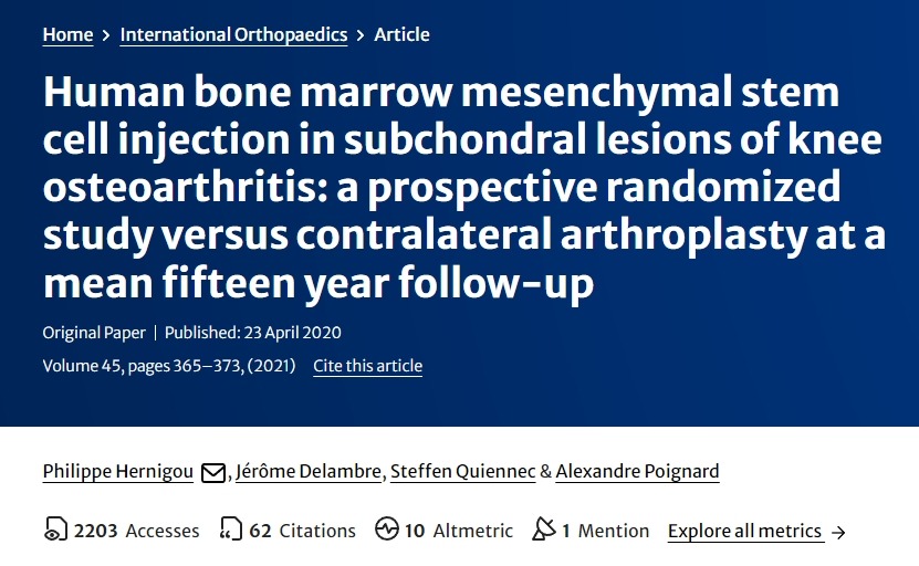人類(lèi)骨髓間充質(zhì)干細胞注射治療膝骨關(guān)節炎軟骨下?lián)p傷：一項前瞻性隨機研究，對比平均15年隨訪(fǎng)的對側關(guān)節置換術(shù)