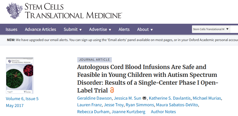 自體臍帶血輸注對患有自閉癥譜系障礙的幼兒來(lái)說(shuō)是安全可行的：?jiǎn)沃行?I 期開(kāi)放標簽試驗的結果