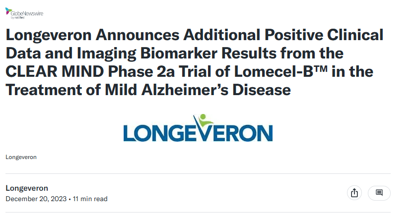 治療輕度阿爾茨海默病的研究產(chǎn)品 Lomecel-B? 的 2a 期 CLEAR MIND 試驗的更多新臨床和生物標志物結果