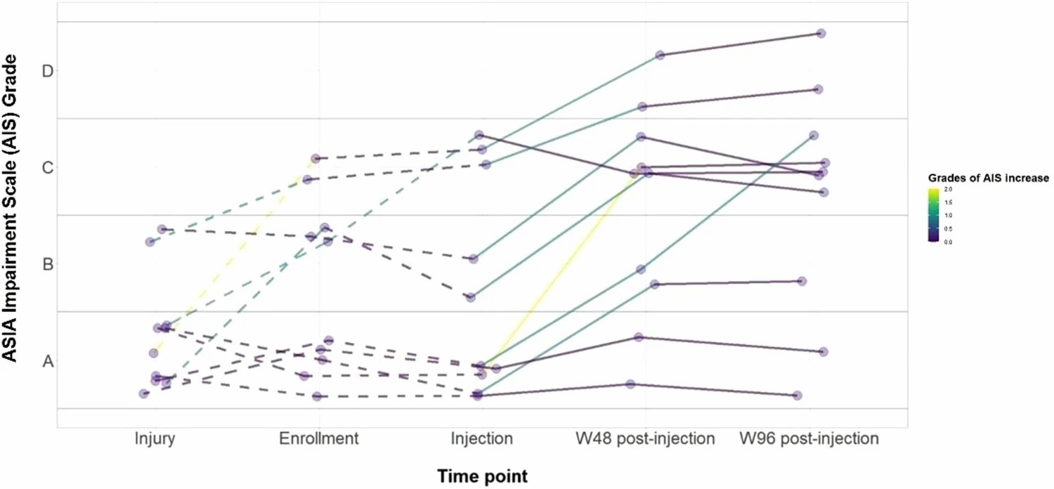 圖2：受傷、入組、注射和最終隨訪(fǎng)時(shí)的 AIS 等級。