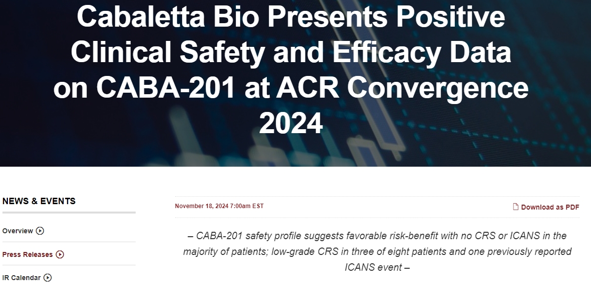 CabalettaBio在2024年ACR會(huì )議上公布了CABA-201的積極臨床安全性和有效性數據