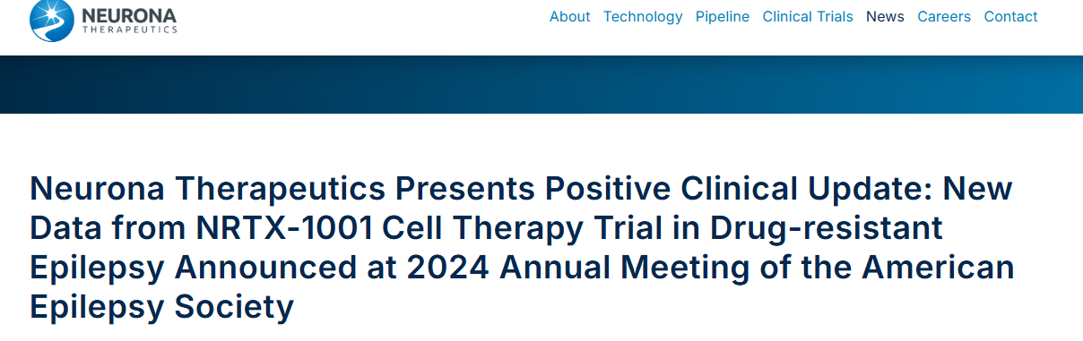 在 2024 年美國癲癇學(xué)會(huì )年會(huì )上公布了
NRTX-1001細胞療法治療耐藥性癲癇的新數據。