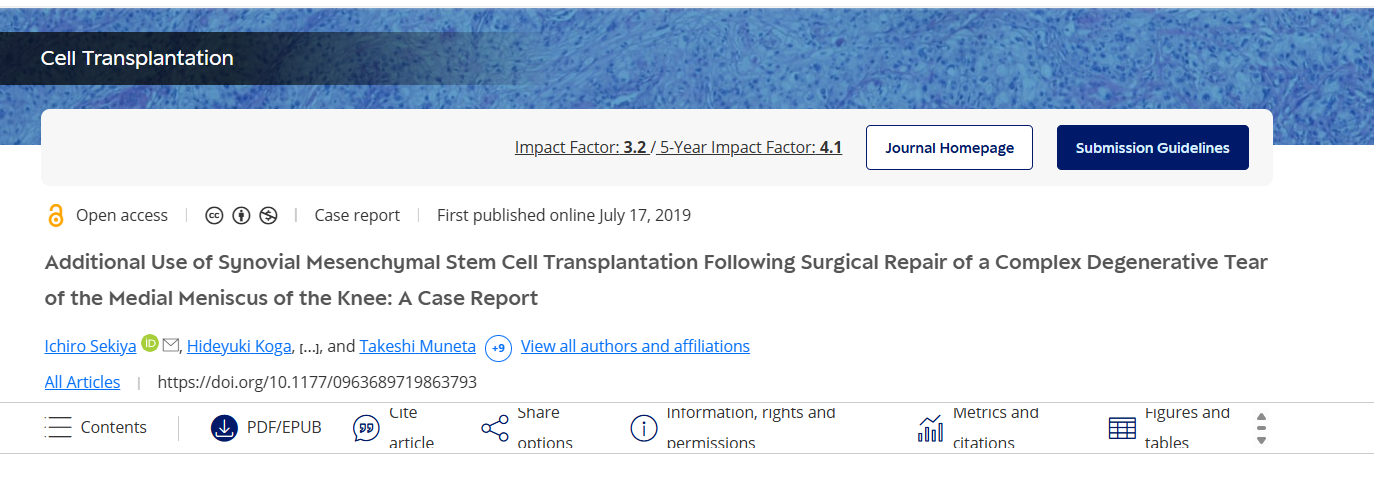 膝關(guān)節內側半月板復雜退行性撕裂手術(shù)修復后滑膜間充質(zhì)干細胞移植的附加應用：病例報告