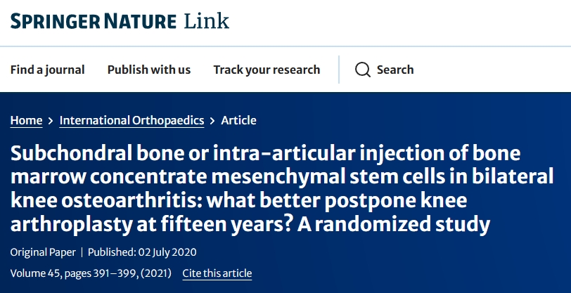 雙側膝骨關(guān)節炎：軟骨下骨或關(guān)節內注射骨髓濃縮間充質(zhì)干細胞：哪種方法更有利于推遲15年后的膝關(guān)節置換術(shù)？一項隨機研究