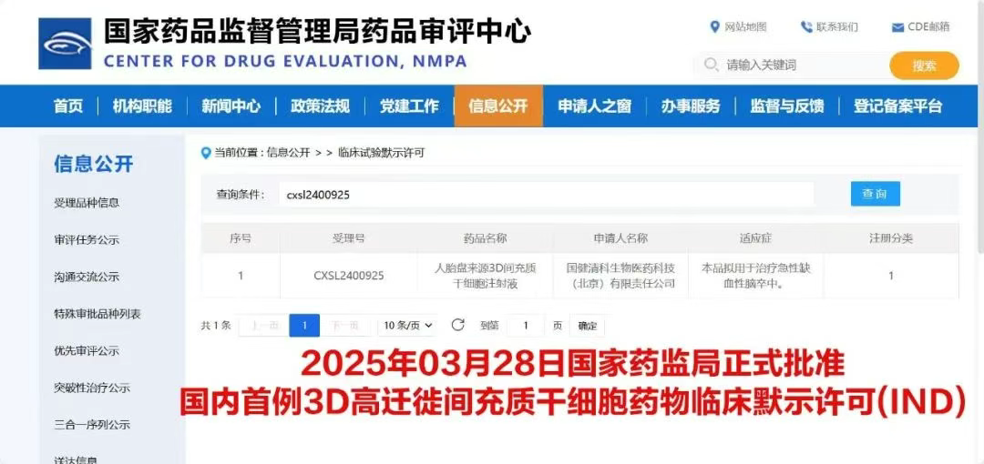 人胎盤(pán)來(lái)源3D間充質(zhì)干細胞（MSC）注射液"正式獲得國家藥品監督管理局（NMPA）臨床試驗默示許可（IND）