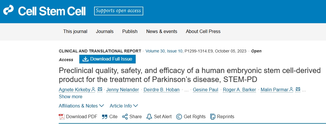 用于治療帕金森病的人類(lèi)胚胎干細胞衍生產(chǎn)品STEM-PD的臨床前質(zhì)量、安全性和有效性