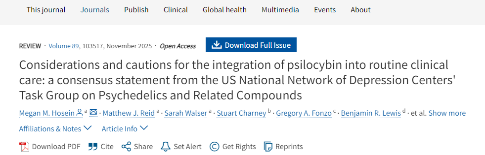 將裸蓋菇素納入常規臨床護理的考量與注意事項：美國國家抑郁癥中心網(wǎng)絡(luò )迷幻藥及相關(guān)化合物工作組的共識聲明