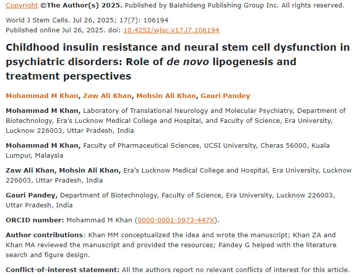 兒童胰島素抵抗和神經(jīng)干細胞功能障礙在精神疾病中的作用：從頭脂肪生成和治療前景