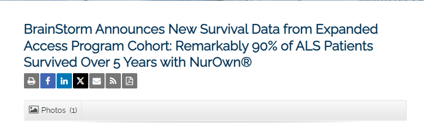BrainStorm 公布擴展訪(fǎng)問(wèn)計劃隊列的最新生存數據：90% 的 ALS 患者使用 NurOwn? 后存活超過(guò) 5 年