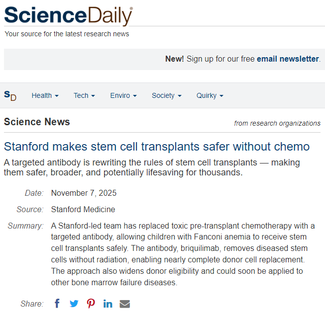 斯坦福大學(xué)使干細胞移植無(wú)需化療更加安全