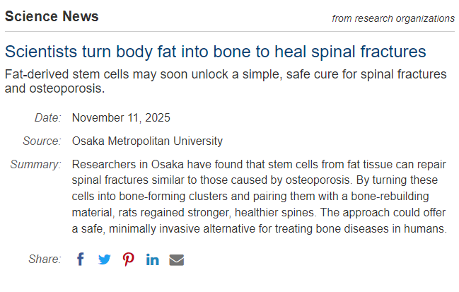 科學(xué)家將人體脂肪轉化為骨骼，用于修復脊柱骨折